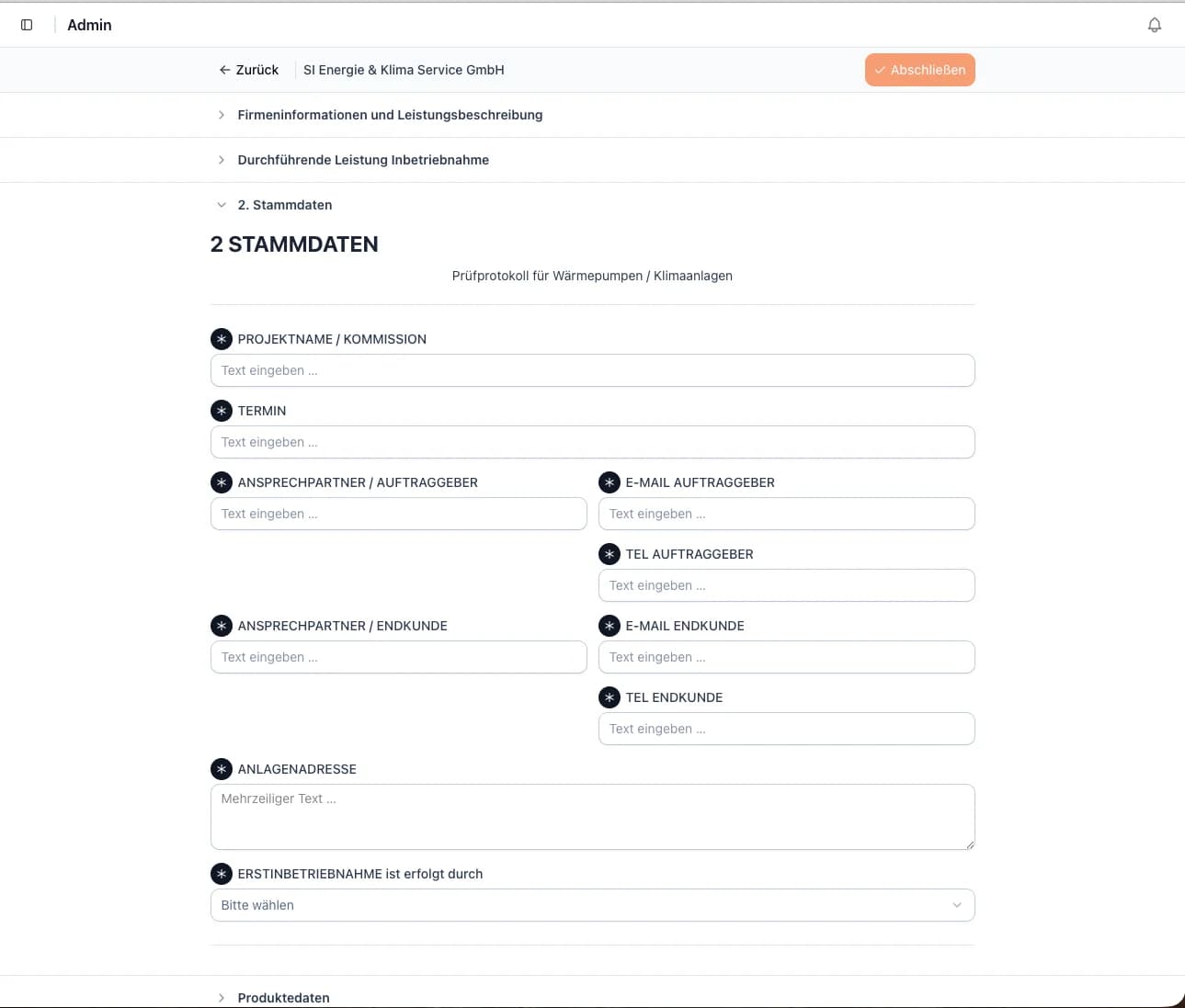 Digitales Prüfprotokoll mit Stammdatenfeldern in bauakte.at