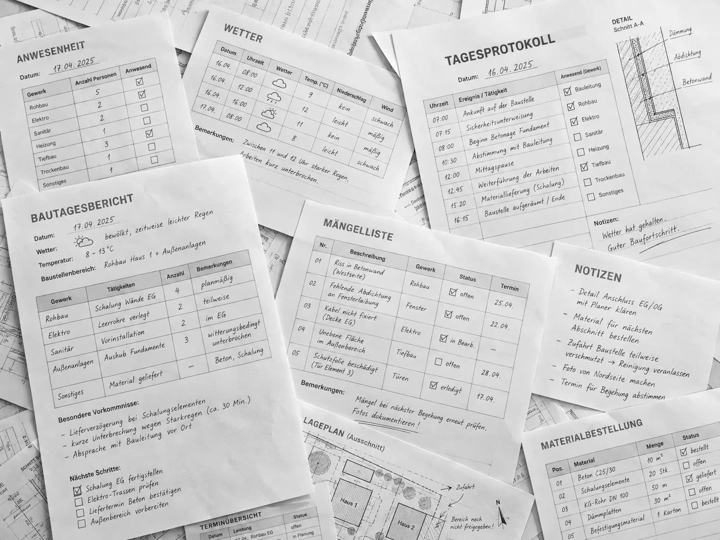 Unsortierte Bautagesberichte, Mängellisten und Baustellennotizen