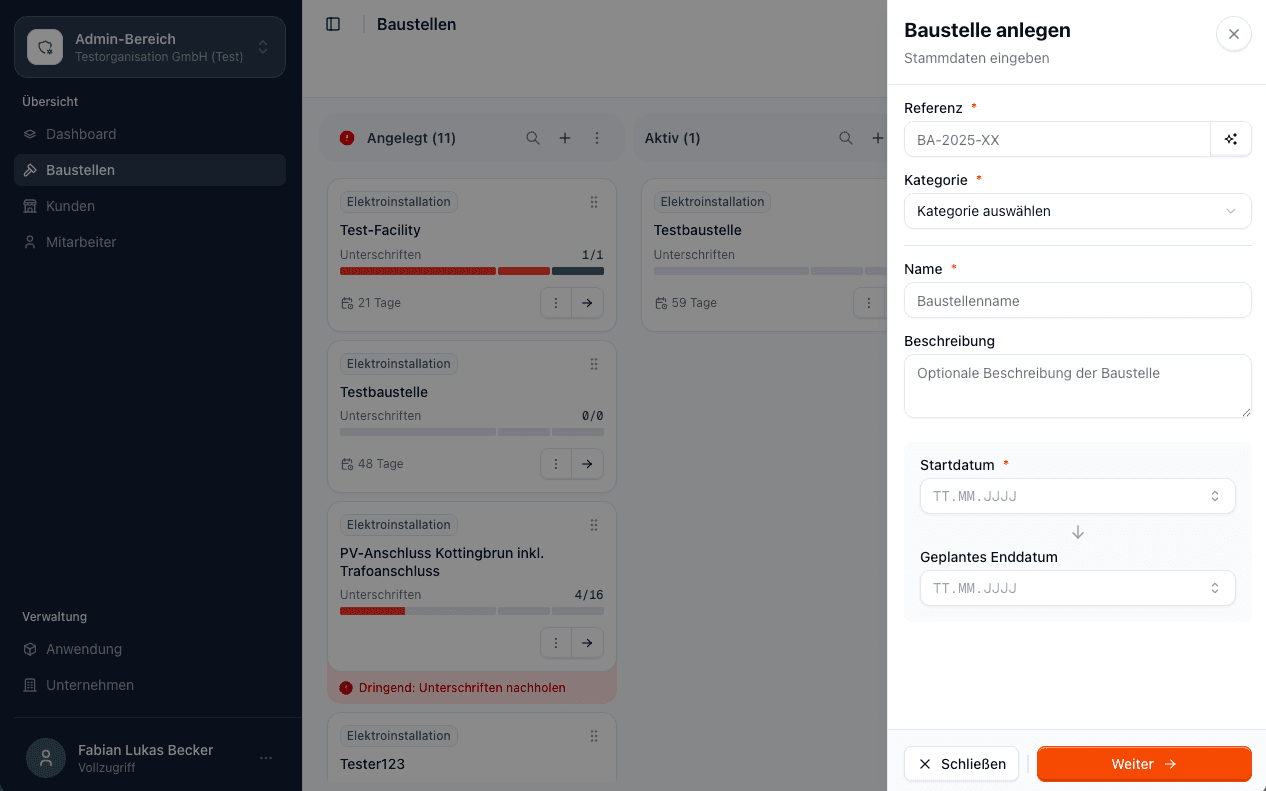 Approval-Detail-View in bauakte.at: Leistungspaket mit Unterschrift und Audit-Trail.